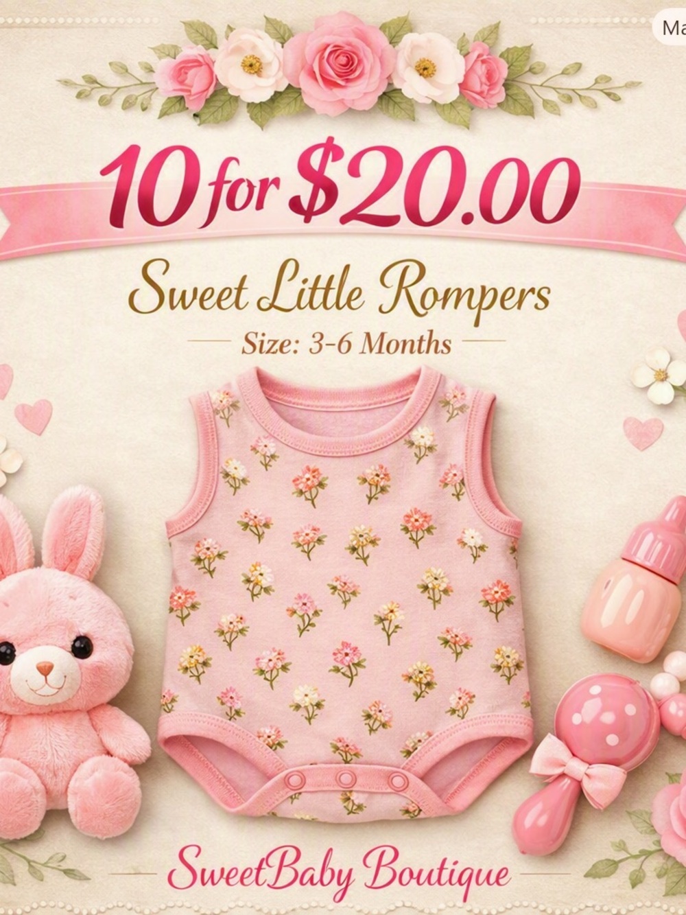 10 Baby Girl Rompers Sz 3-6 months